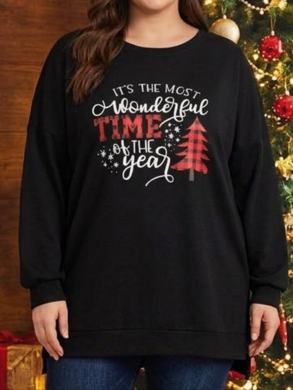 Women's Black Crewneck Holiday Graphic Sweatshirt